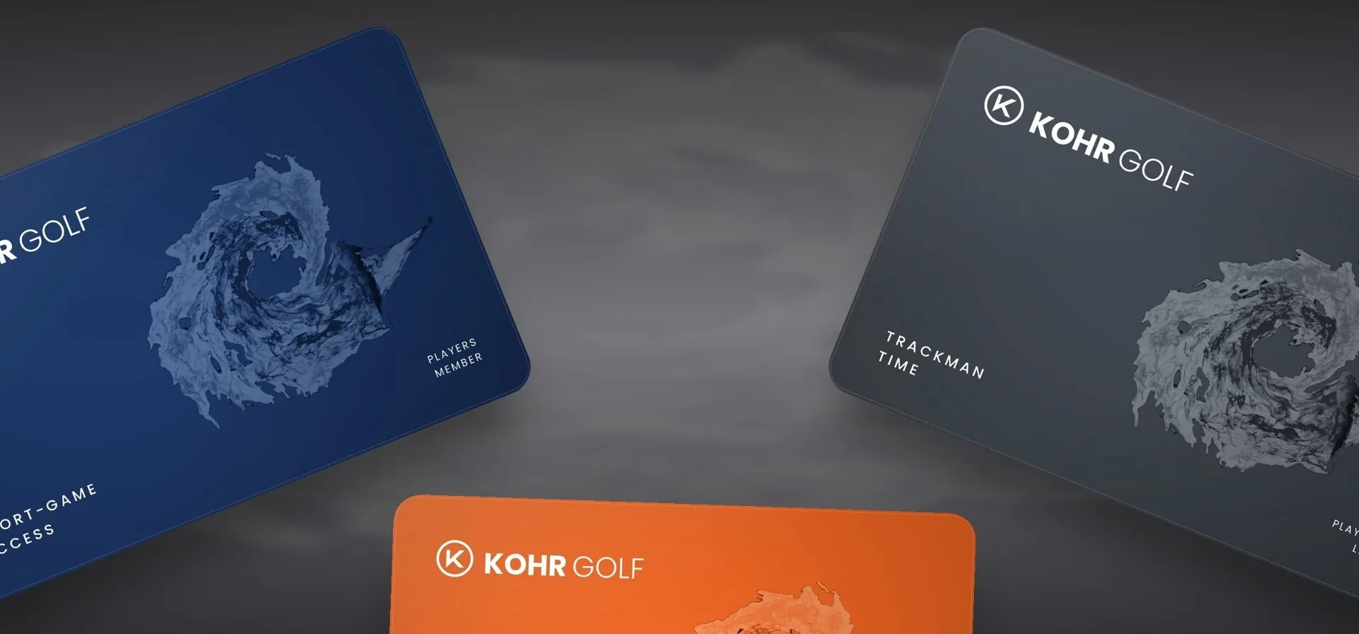 KOHR Golf branded gift cards in orange, blue, and gray